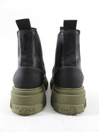Ganni Black Leather and Green Track Sole Ankle Boots - 36