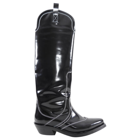 Ganni Black Shiny Leather Top Stitch Tall Western Boots - 40