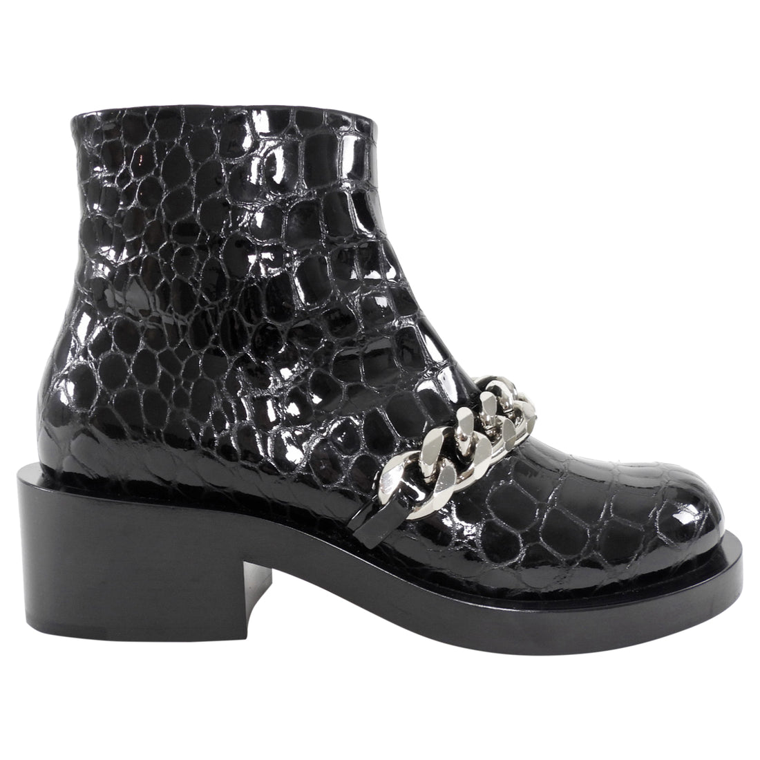 Givenchy Black Patent Croc Embossed Chain Detail Ankle Boots - 38 / 7.5