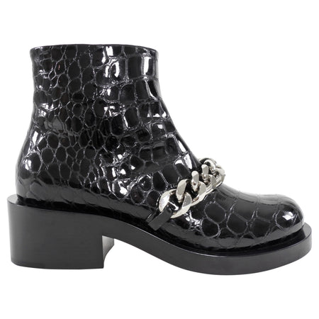 Givenchy Black Patent Croc Embossed Chain Detail Ankle Boots - 38 / 7.5