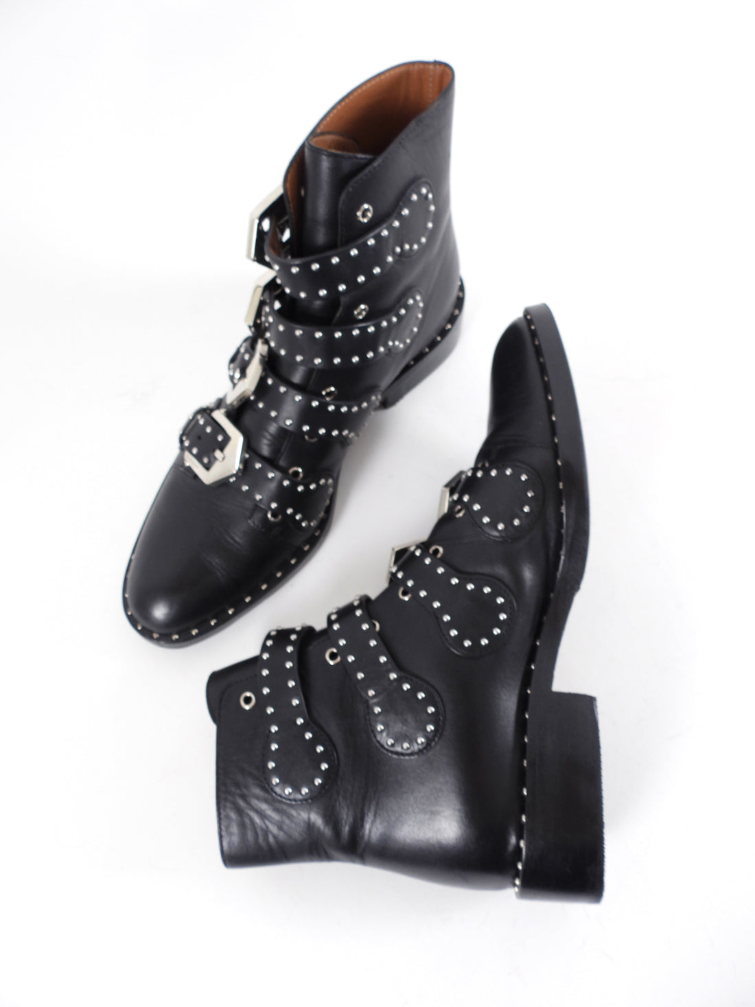Givenchy Black Leather Studded Buckle Ankle Boots - 37