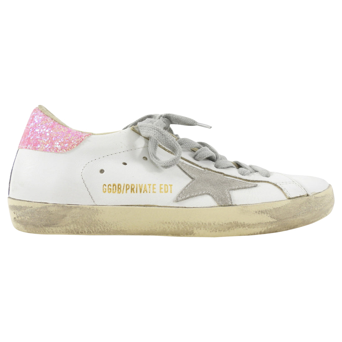 Golden Goose Superstar White Distressed Low Top Pink Glitter Sneakers - 36