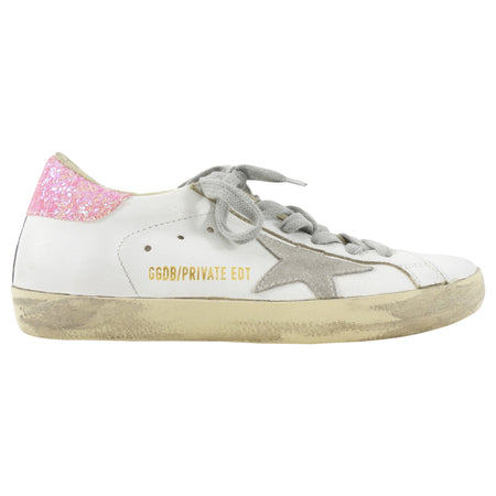 Golden Goose Superstar White Distressed Low Top Pink Glitter Sneakers - 36
