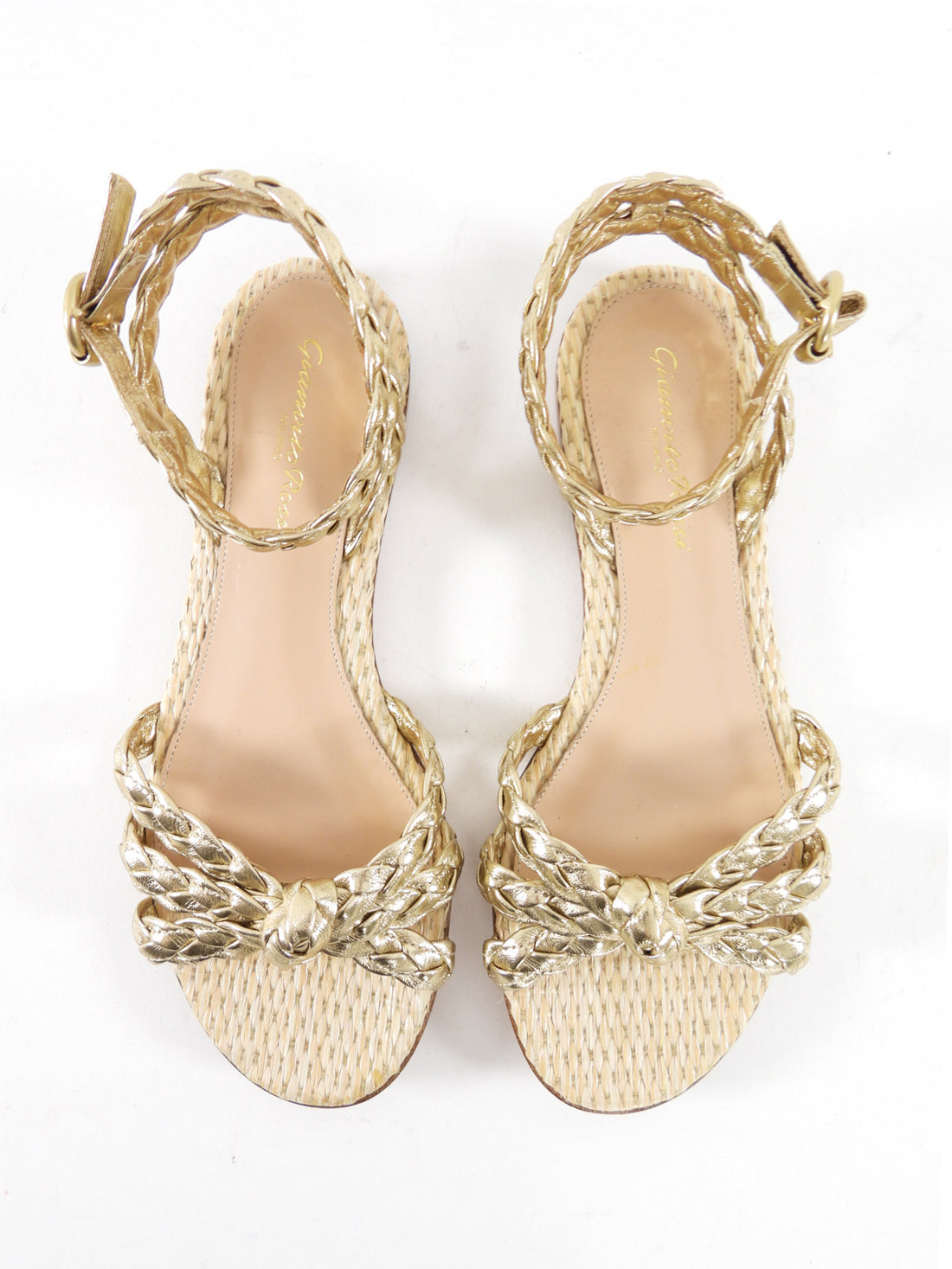 Gianvito Rossi Gold Braided Woven Raffia Flat Sandals - 36.5 / 37