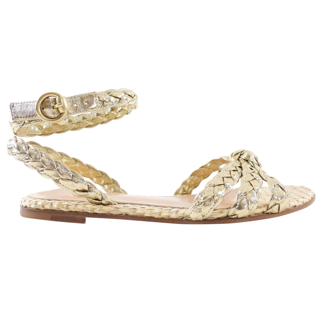 Gianvito Rossi Gold Braided Woven Raffia Flat Sandals - 36.5 / 37