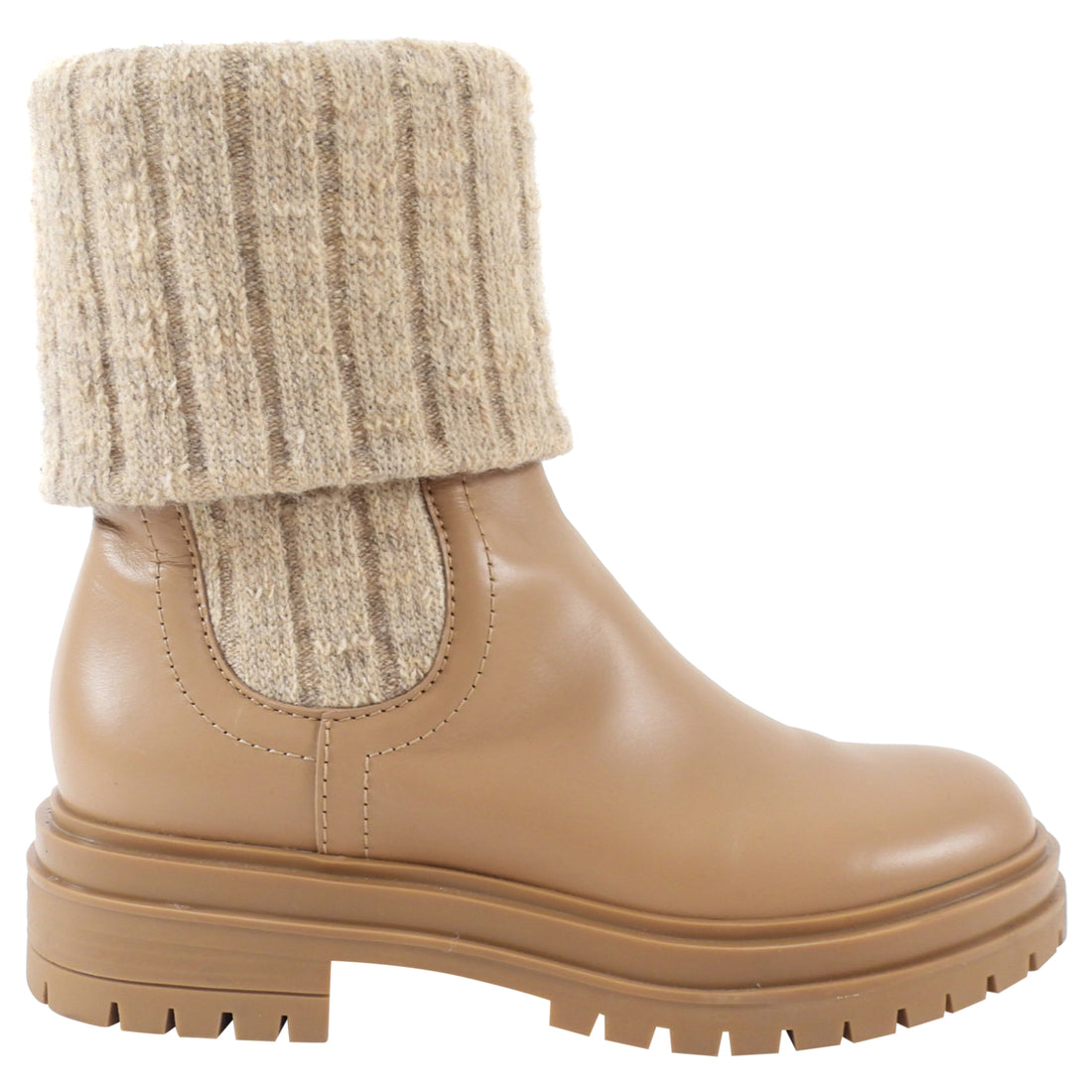 Gianvito Rossi Camel Leather Knit Tenney Boot - 37