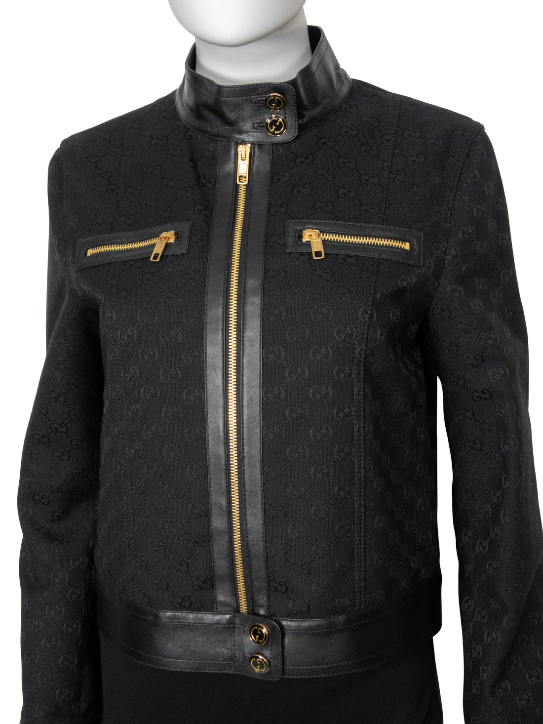 Gucci Black GG Monogram Canvas and Leather Zip Moto Jacket - 42
