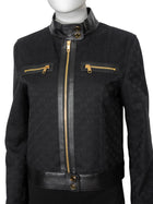Gucci Black GG Monogram Canvas and Leather Zip Moto Jacket - 42