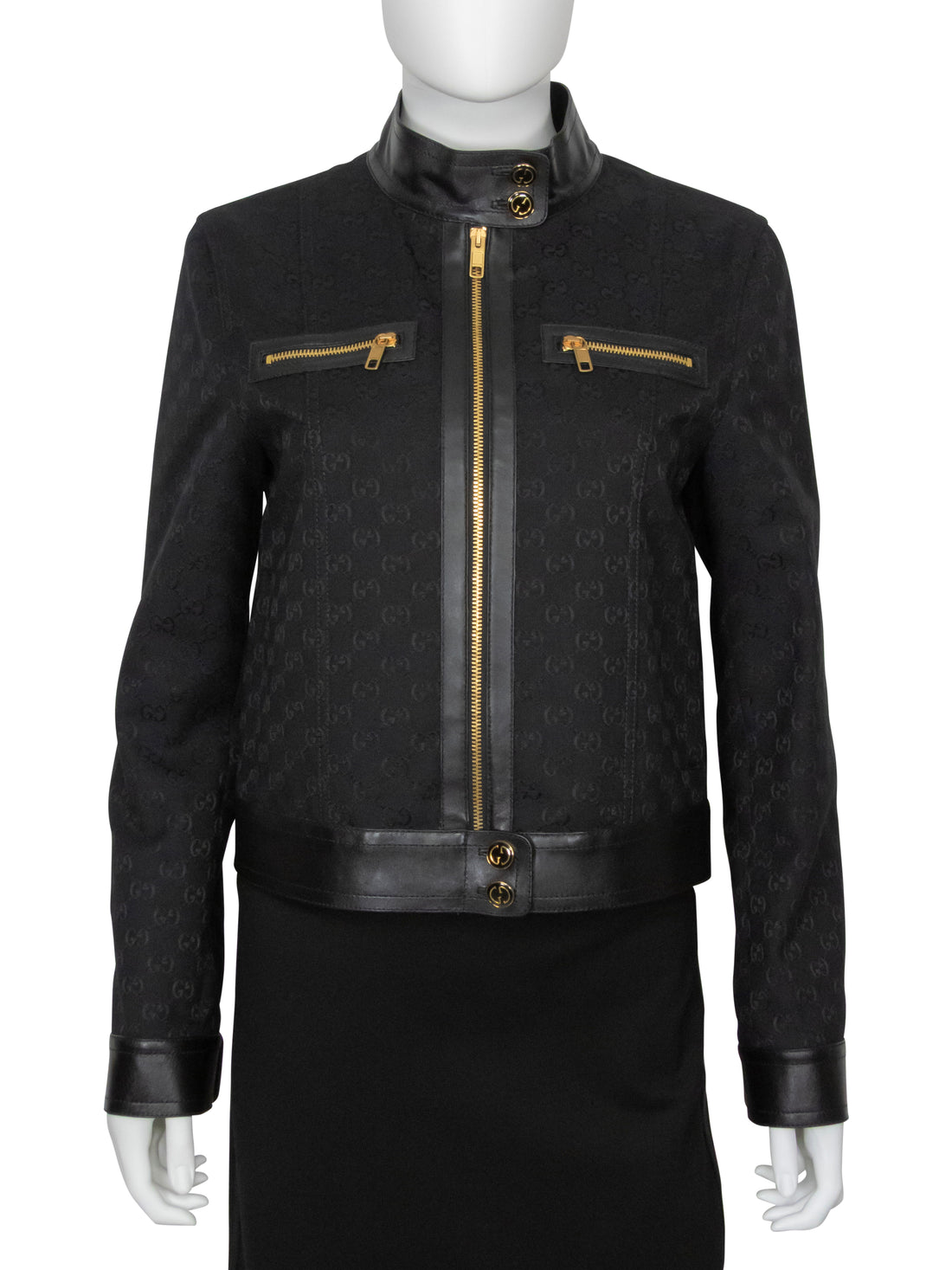 Gucci Black GG Monogram Canvas and Leather Zip Moto Jacket - 42