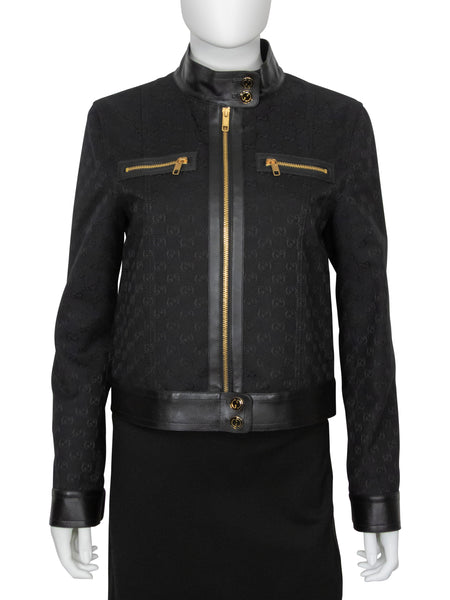 Gucci Black GG Monogram Canvas and Leather Zip Moto Jacket - 42