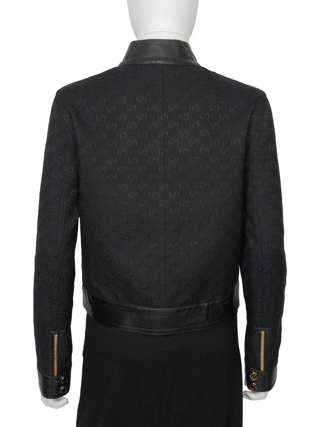 Gucci Black GG Monogram Canvas and Leather Zip Moto Jacket - 42
