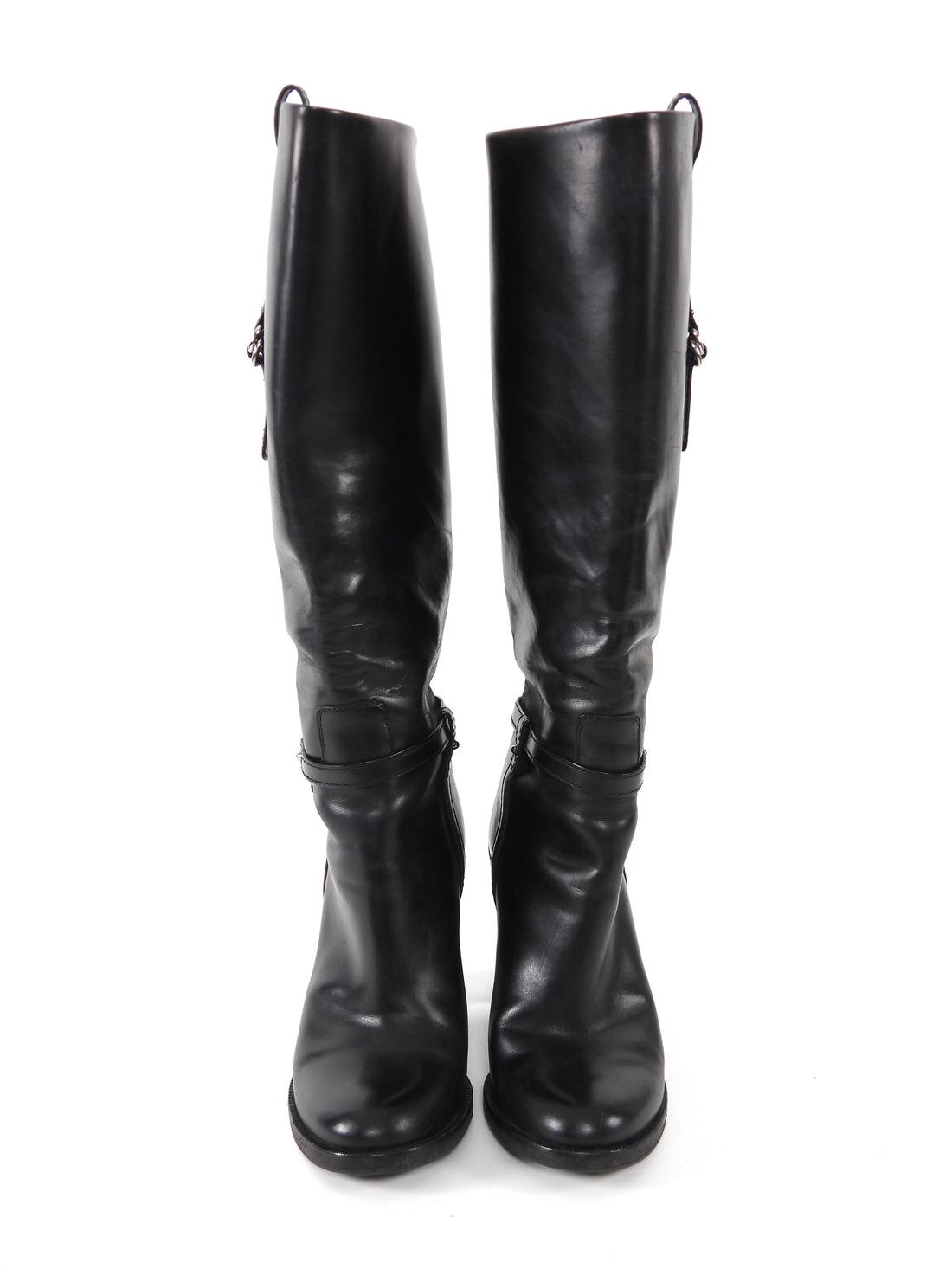 Gucci Black Leather G Hardware Knee High Block Heel Boots - 38