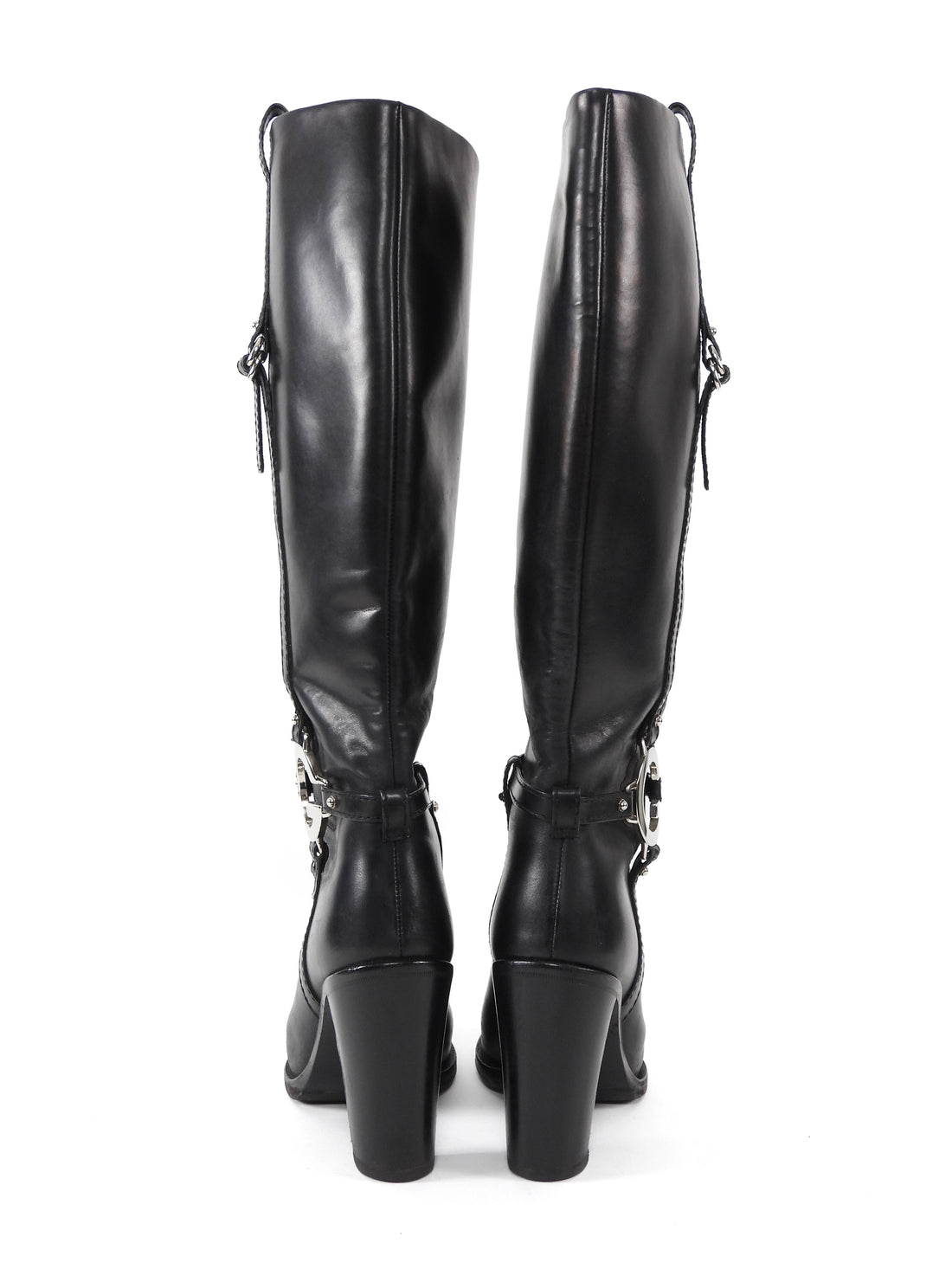 Gucci Black Leather G Hardware Knee High Block Heel Boots - 38