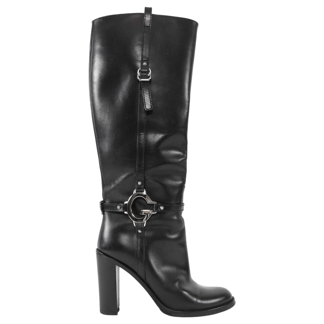 Gucci Black Leather G Hardware Knee High Block Heel Boots - 38