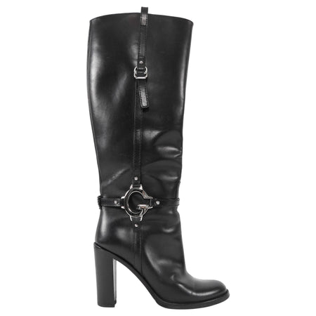 Gucci Black Leather G Hardware Knee High Block Heel Boots - 38