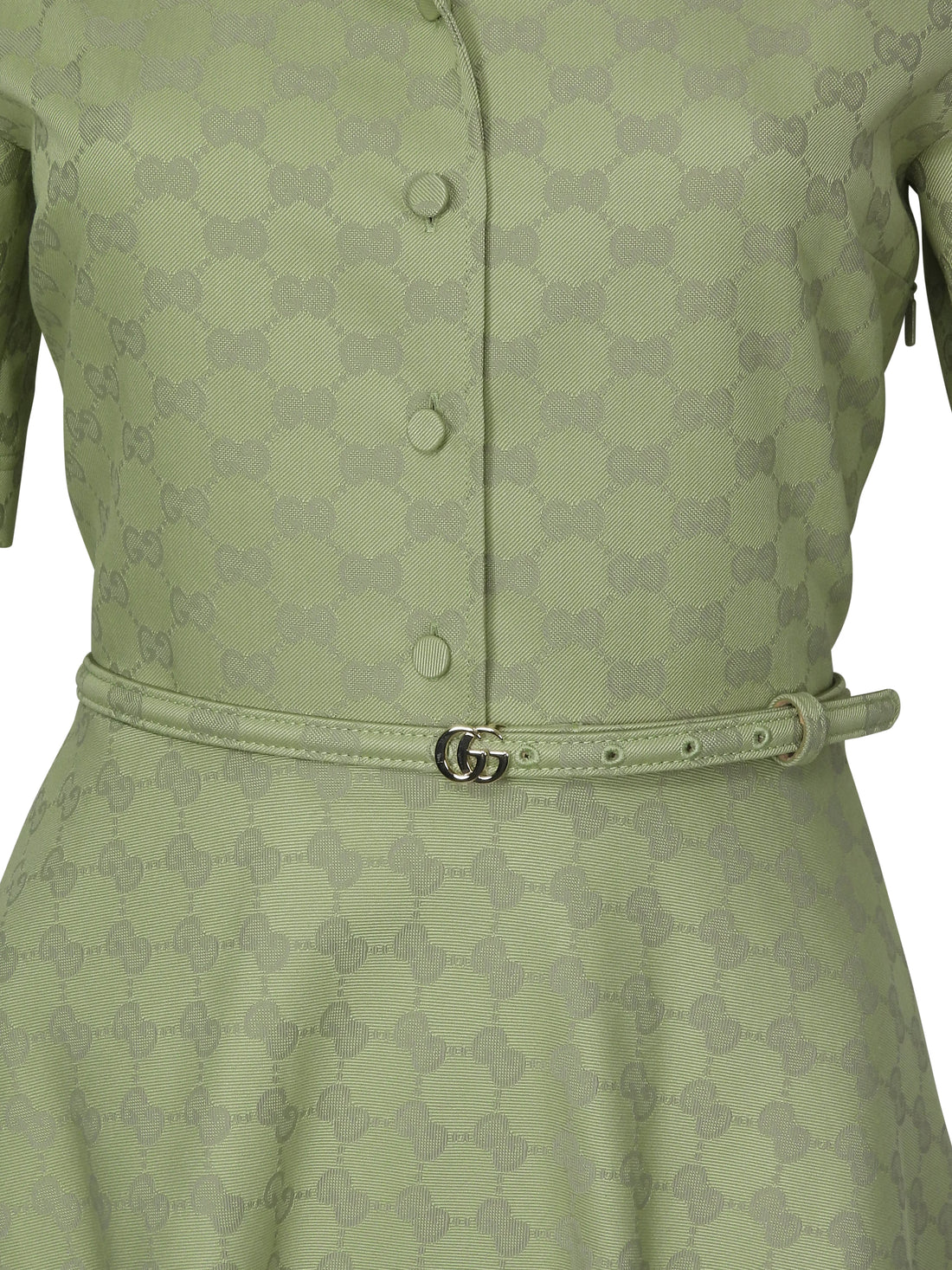 Gucci Green 2025 Gucci GG Monogram Cotton Gabardine Half Button Belted Shirt Dress - 42
