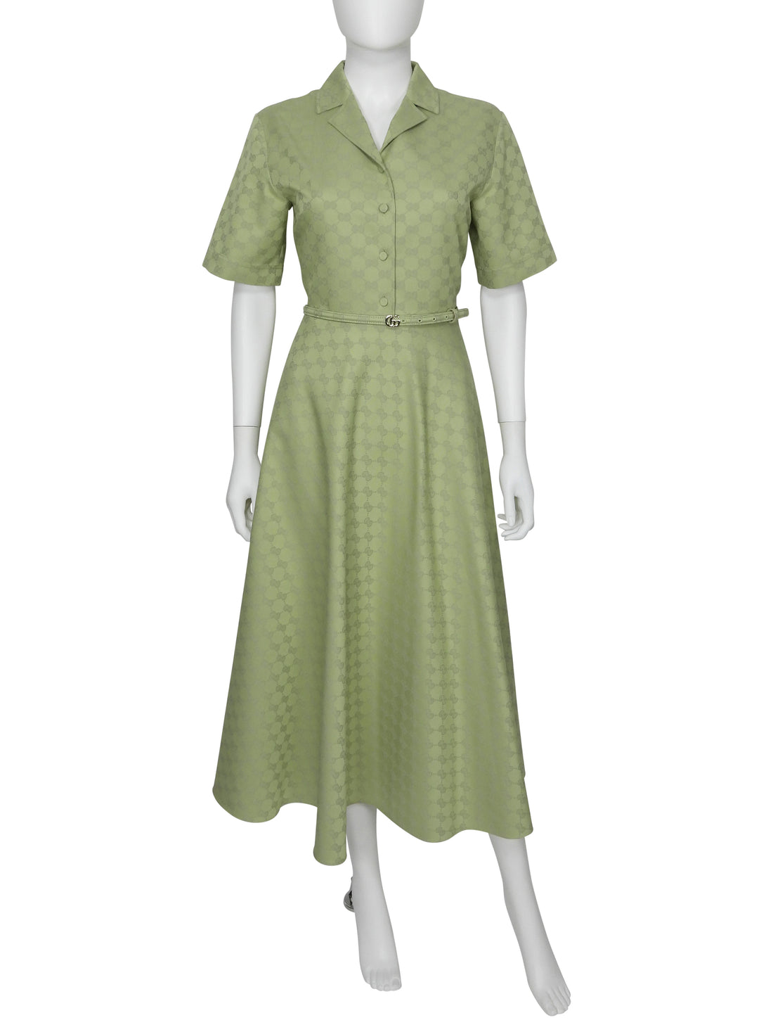 Gucci Green 2025 Gucci GG Monogram Cotton Gabardine Half Button Belted Shirt Dress - 42