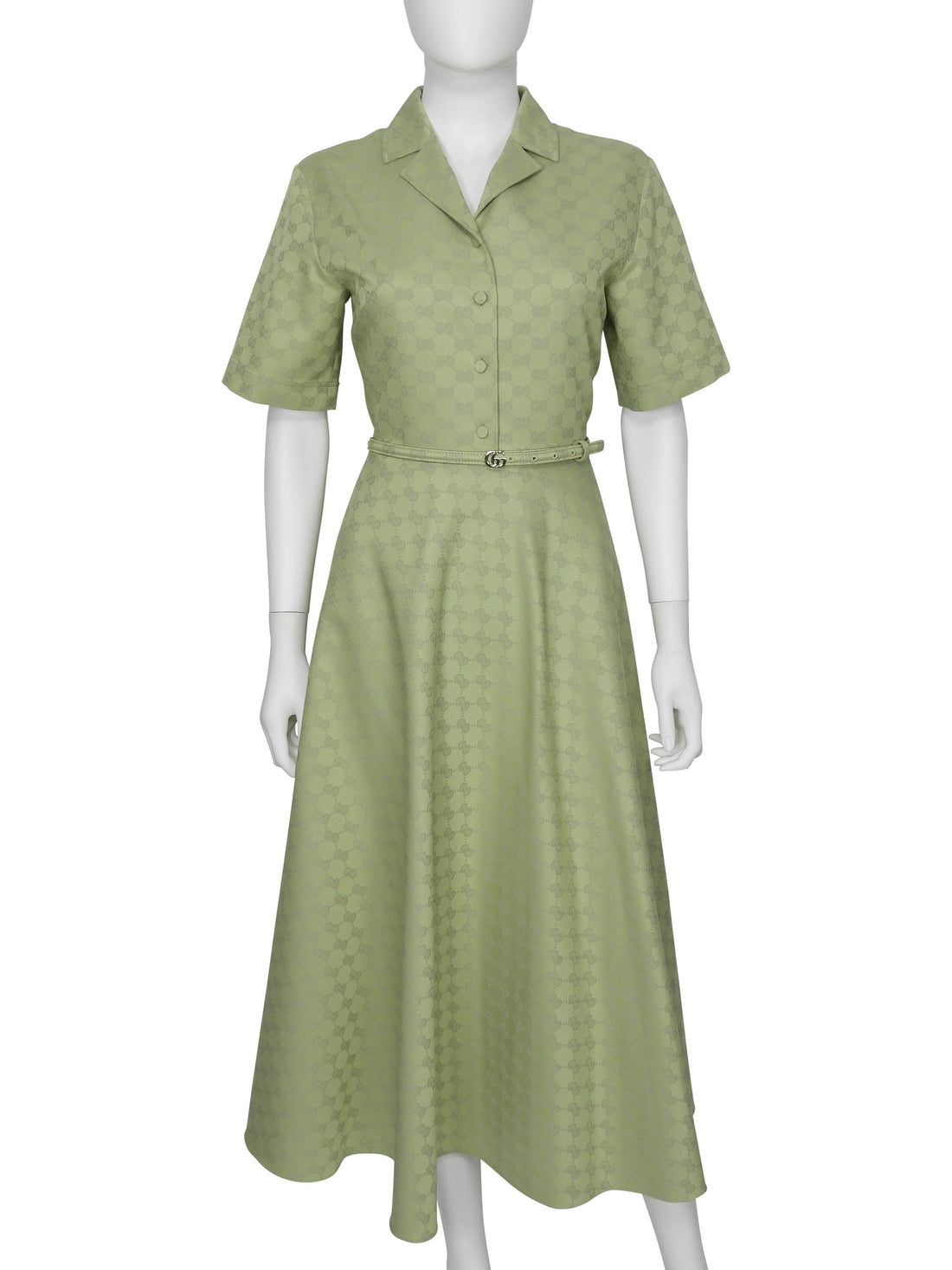 Gucci Green 2025 Gucci GG Monogram Cotton Gabardine Half Button Belted Shirt Dress - 42
