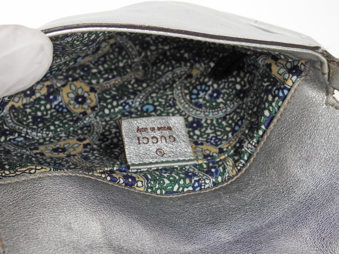 Gucci Silver Metallic Leather Signature Romy Mini Flap Bag