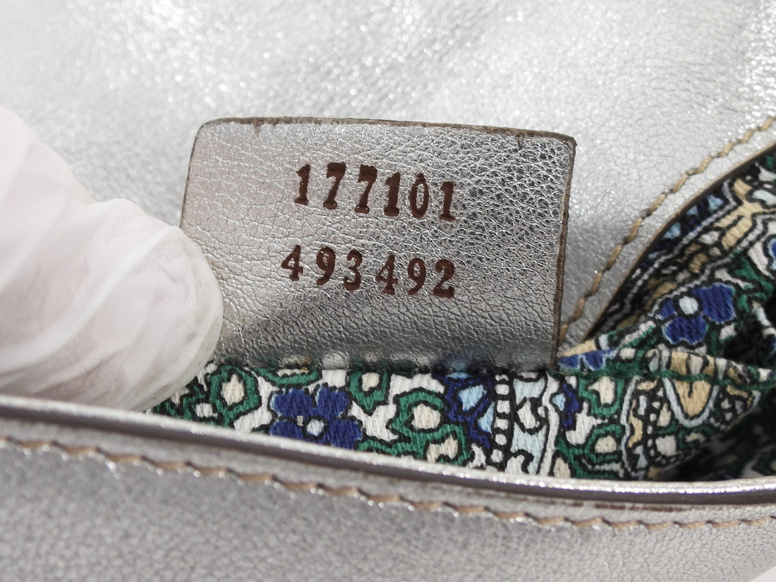 Gucci Silver Metallic Leather Signature Romy Mini Flap Bag