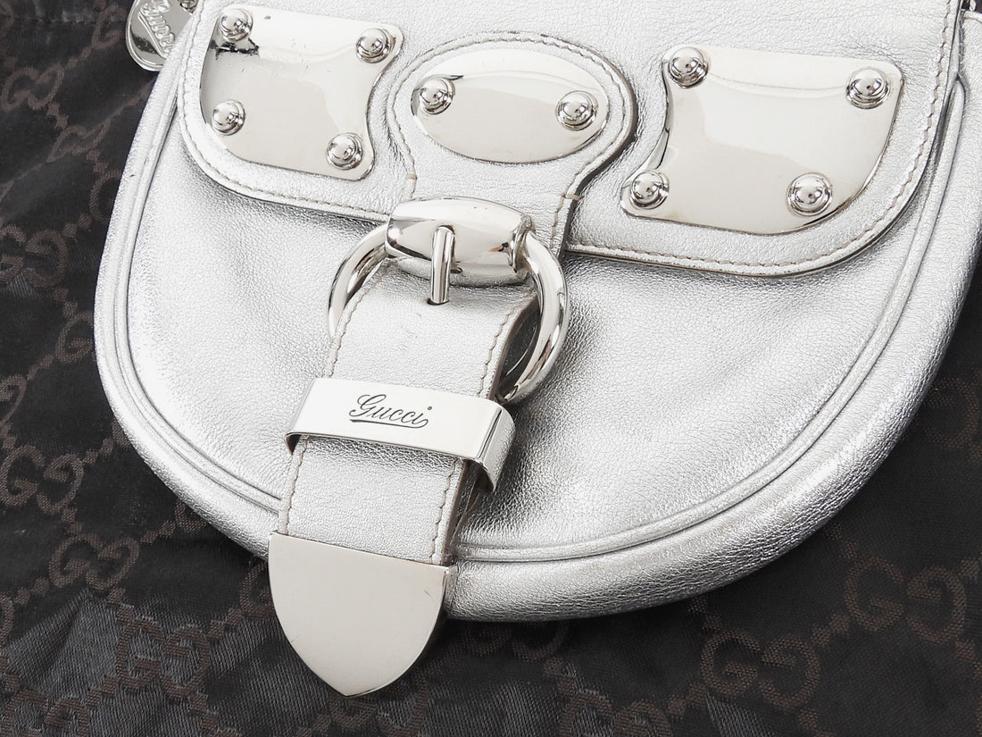 Gucci Silver Metallic Leather Signature Romy Mini Flap Bag