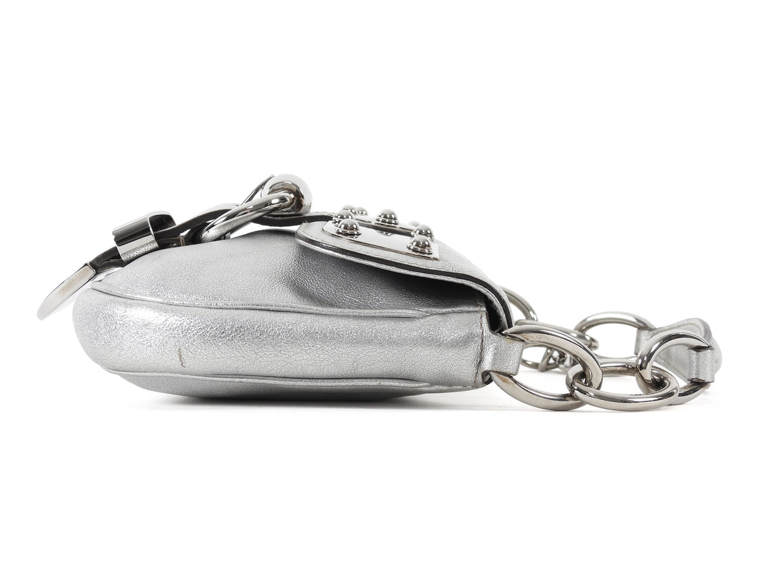 Gucci Silver Metallic Leather Signature Romy Mini Flap Bag