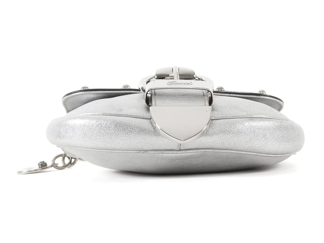 Gucci Silver Metallic Leather Signature Romy Mini Flap Bag