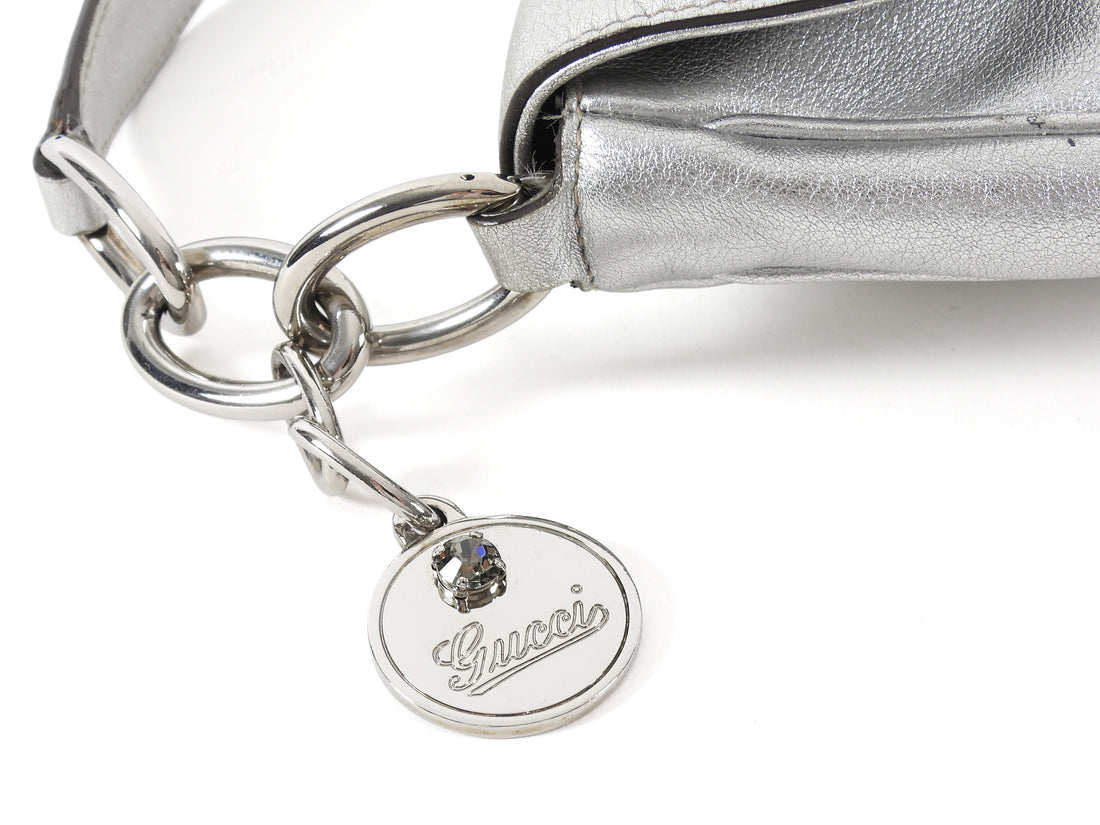 Gucci Silver Metallic Leather Signature Romy Mini Flap Bag