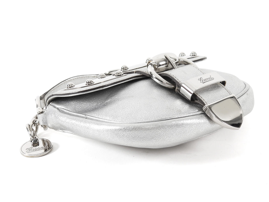 Gucci Silver Metallic Leather Signature Romy Mini Flap Bag