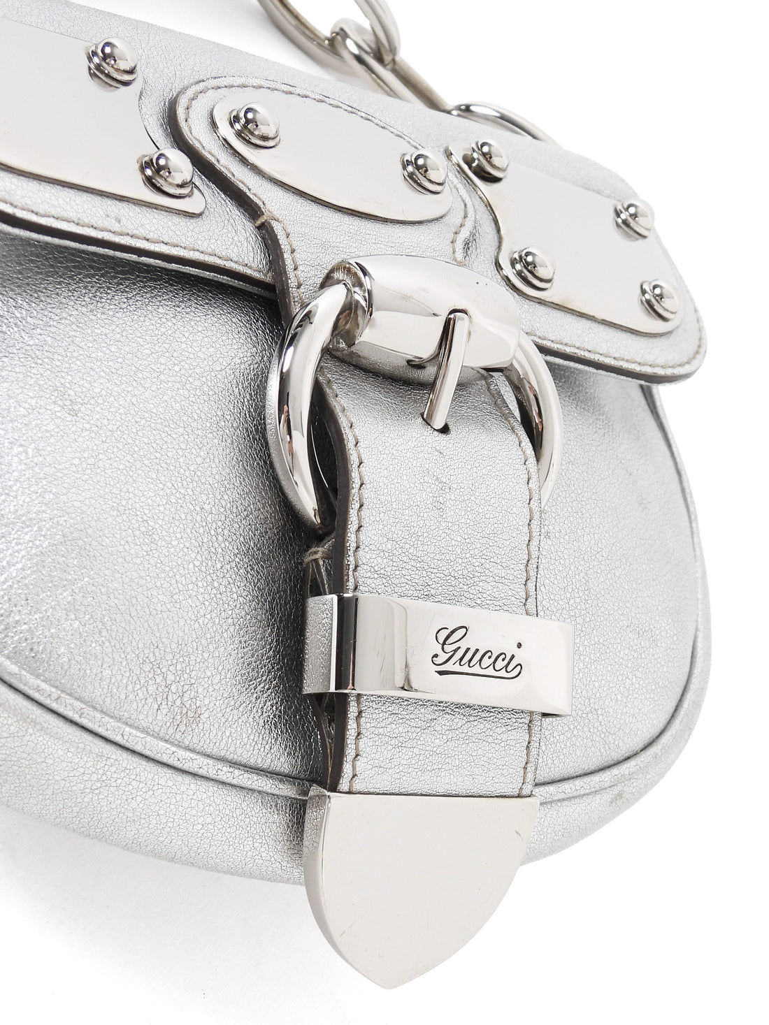 Gucci Silver Metallic Leather Signature Romy Mini Flap Bag