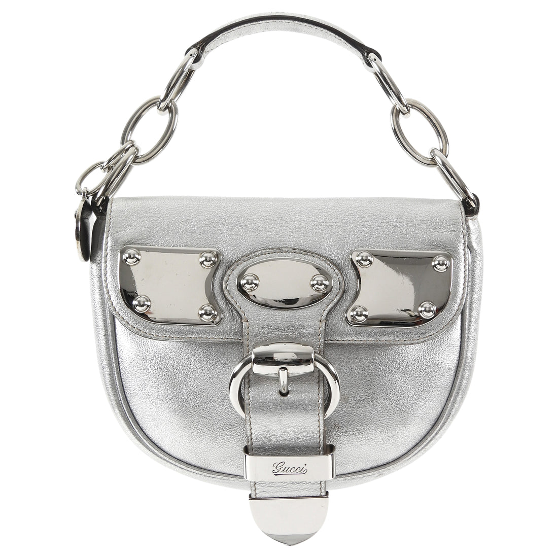 Gucci Silver Metallic Leather Signature Romy Mini Flap Bag