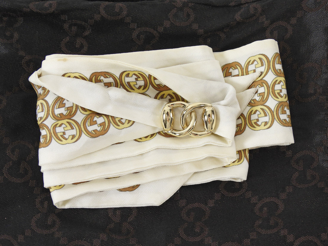 Gucci Gold White GG Print Twilly with Chain-link Scarf Ring