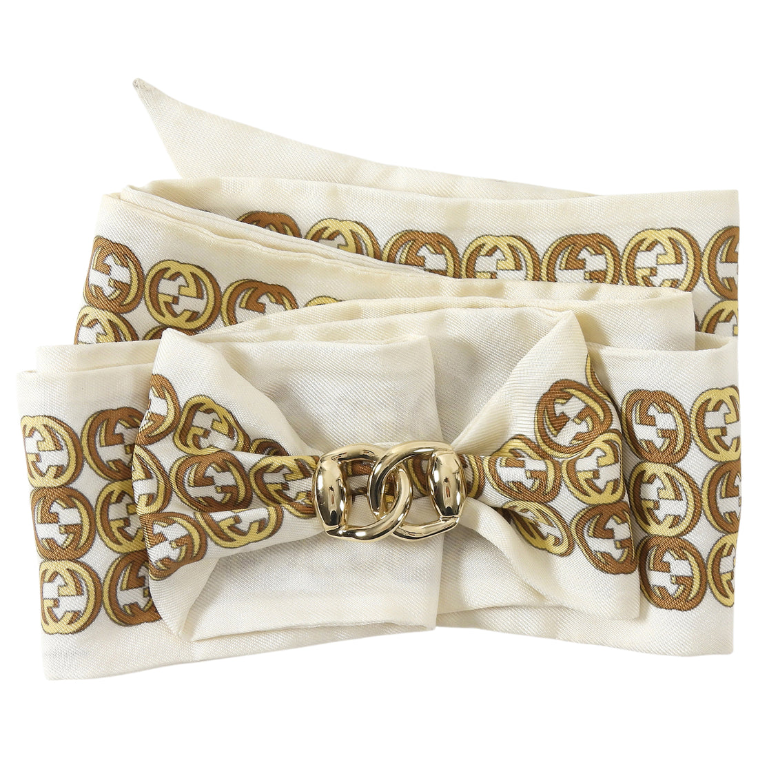 Gucci Gold White GG Print Twilly with Chain-link Scarf Ring