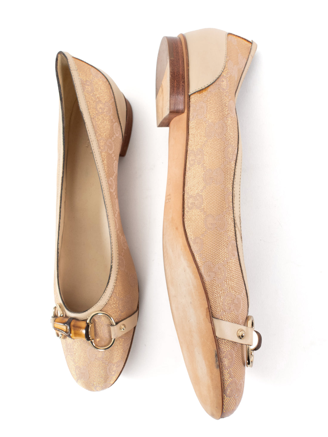 Gucci Nude Beige Metallic GG Monogram Bamboo Horsebit Ballet Flats - 40 / US 10