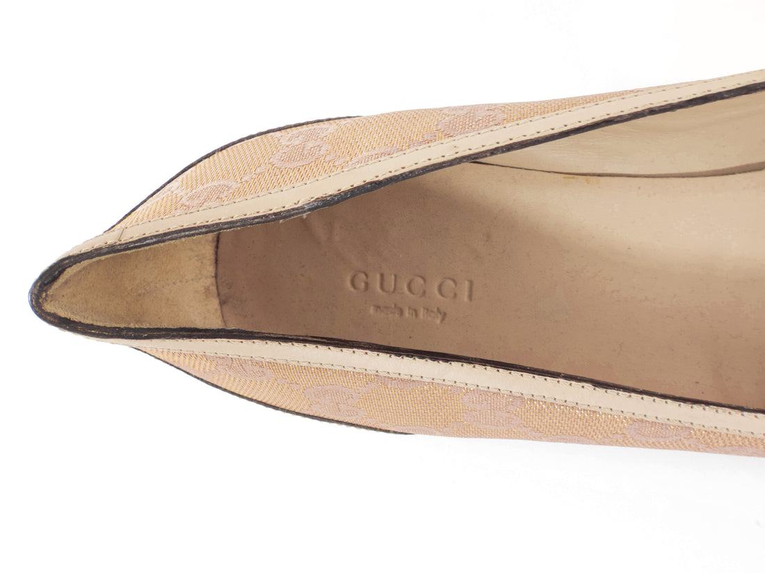 Gucci Nude Beige Metallic GG Monogram Bamboo Horsebit Ballet Flats - 40 / US 10