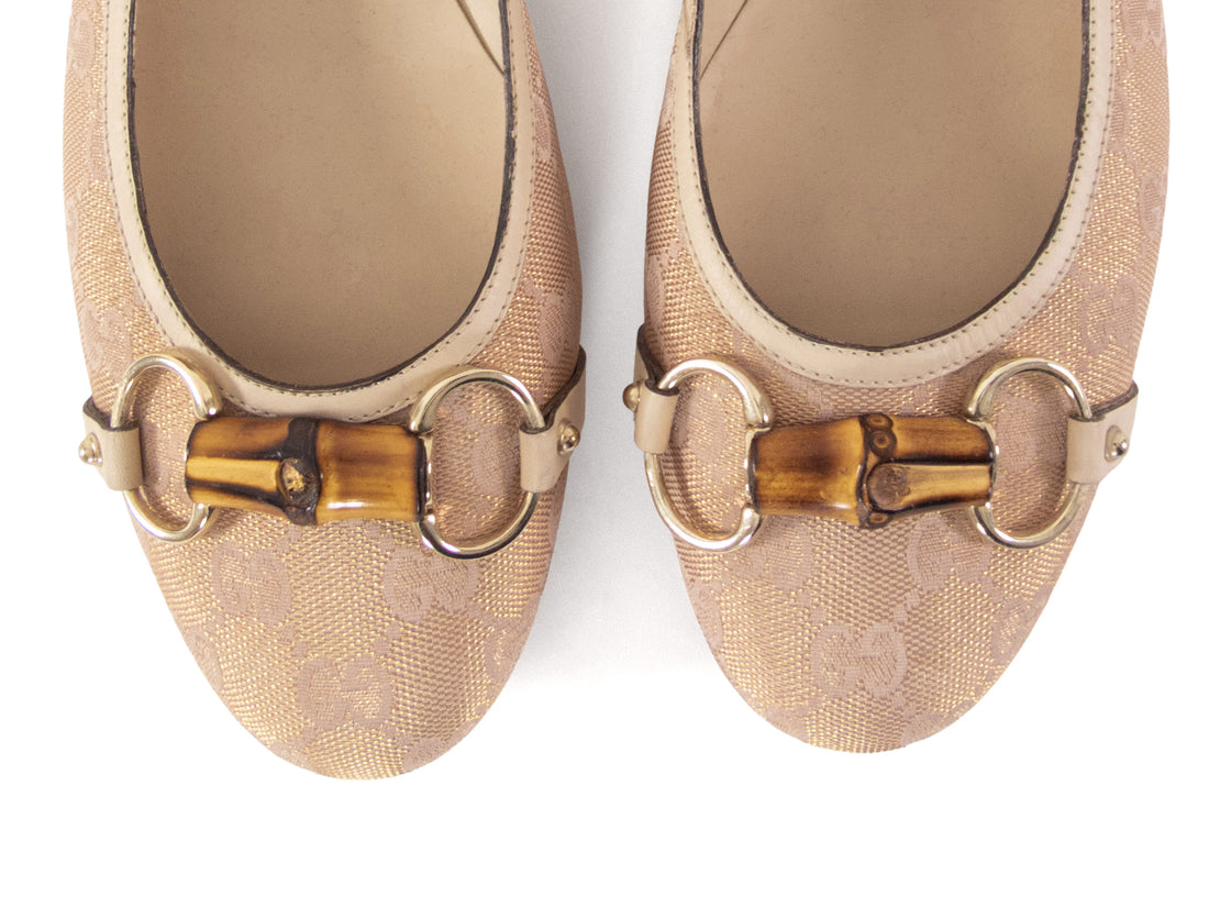 Gucci Nude Beige Metallic GG Monogram Bamboo Horsebit Ballet Flats - 40 / US 10
