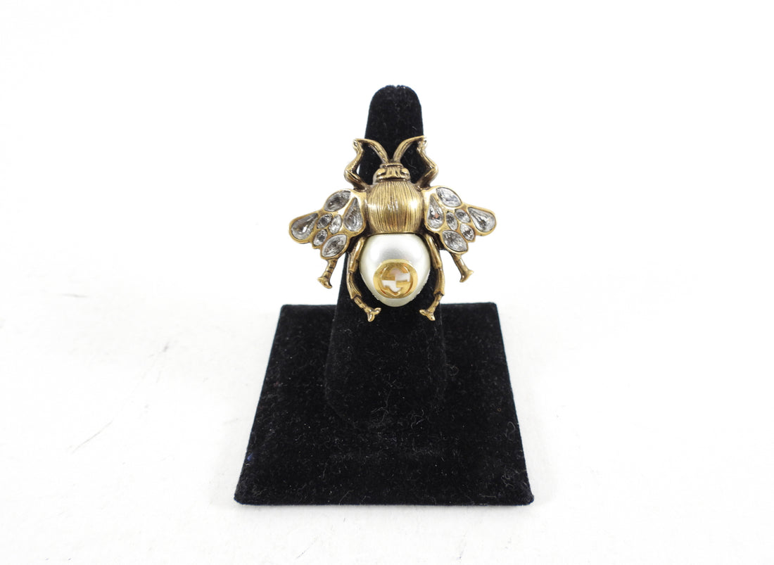 Gucci Brass Crystal Pearl GG Statement Bee Ring - USA 7