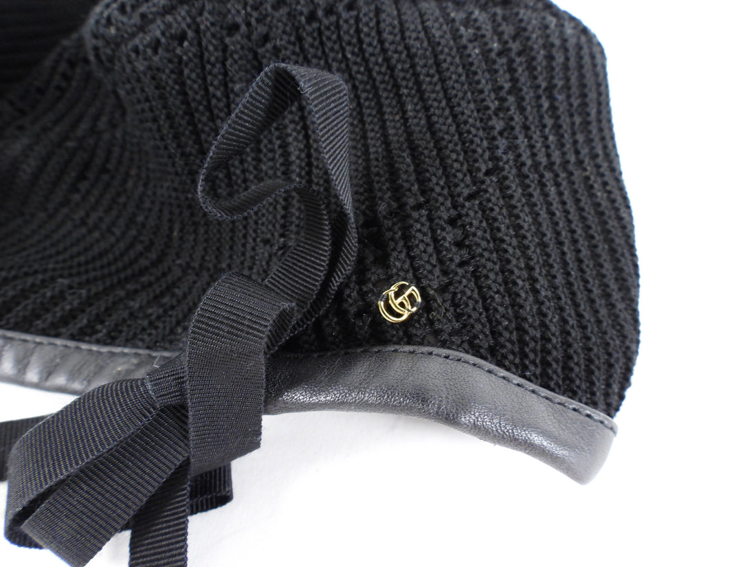 Gucci Black Knit Leather Trim Beret Hat - M