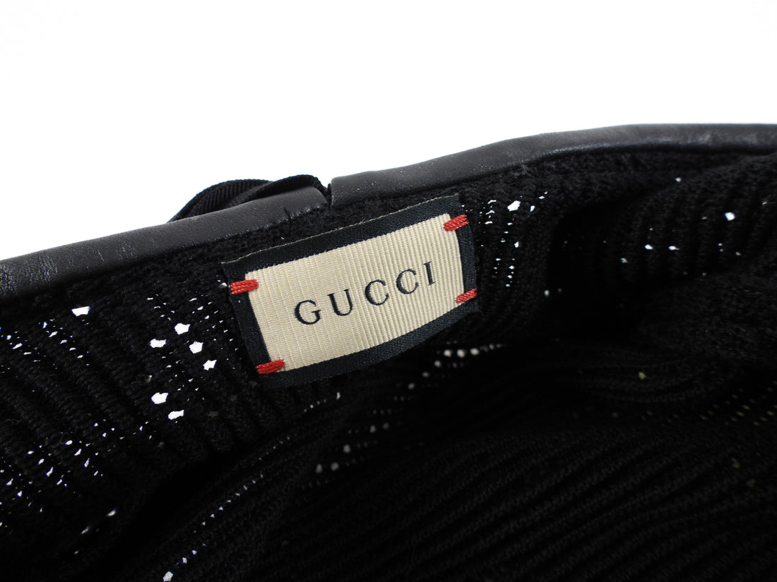 Gucci Black Knit Leather Trim Beret Hat - M