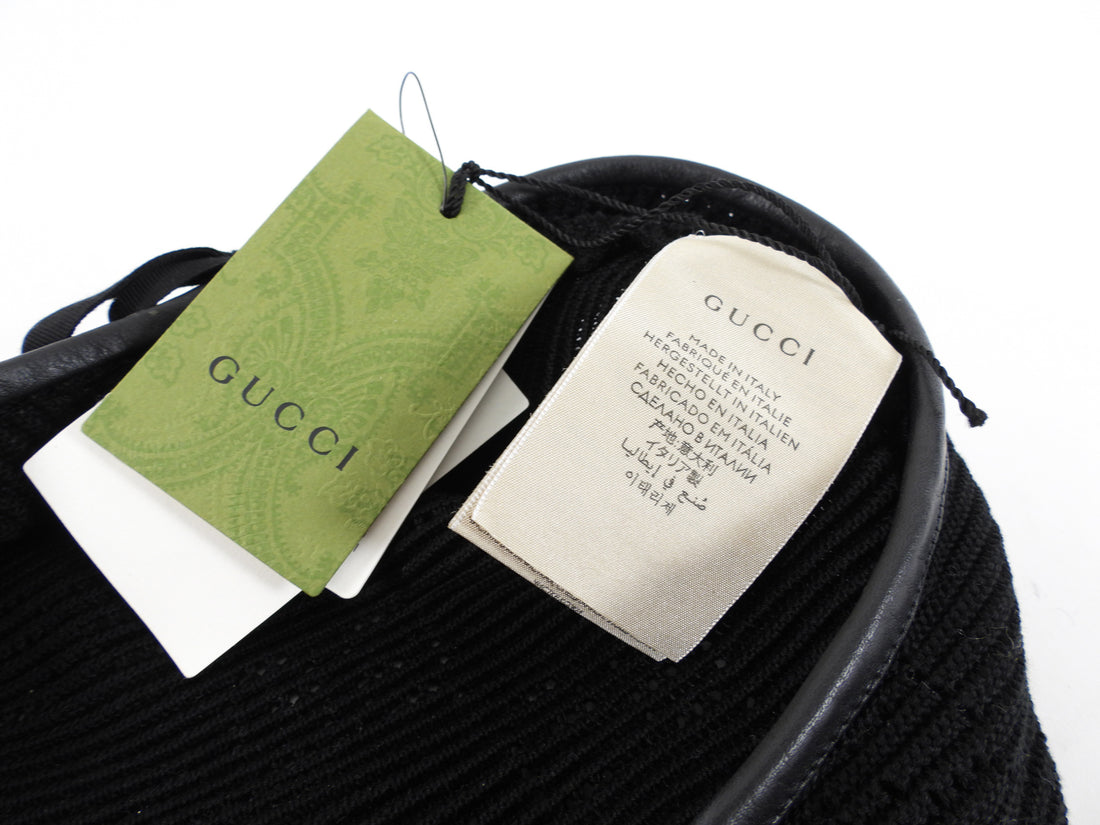 Gucci Black Knit Leather Trim Beret Hat - M