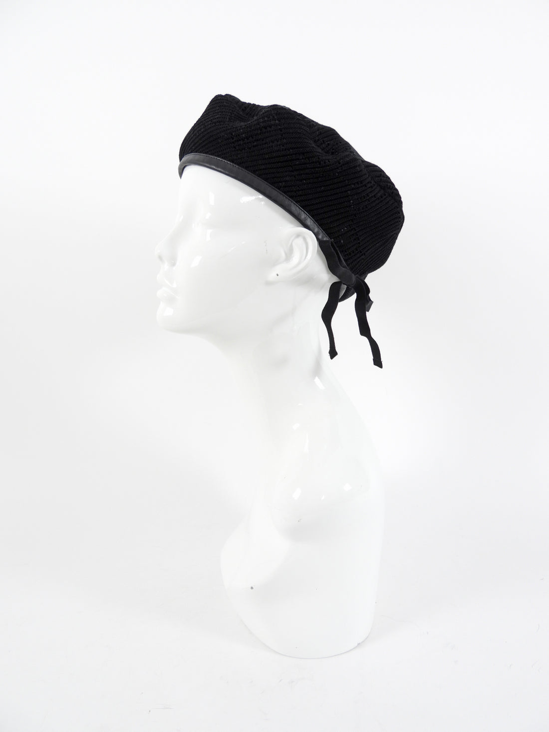Gucci Black Knit Leather Trim Beret Hat - M