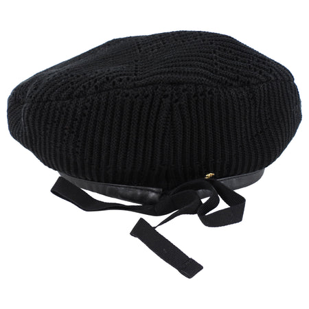 Gucci Black Knit Leather Trim Beret Hat - M