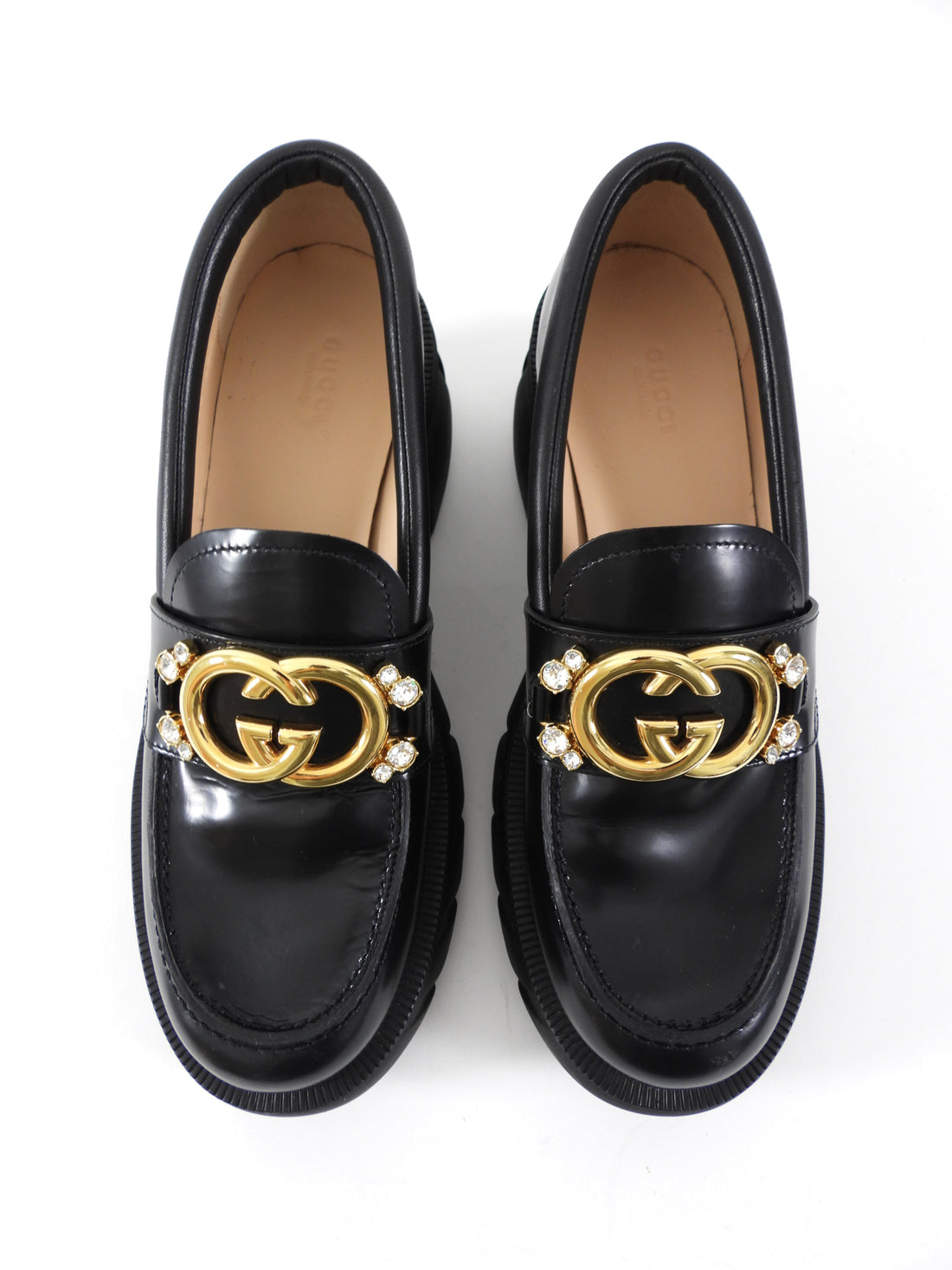 Gucci Black Leather Interlocking GG Jewel Loafers - 39.5