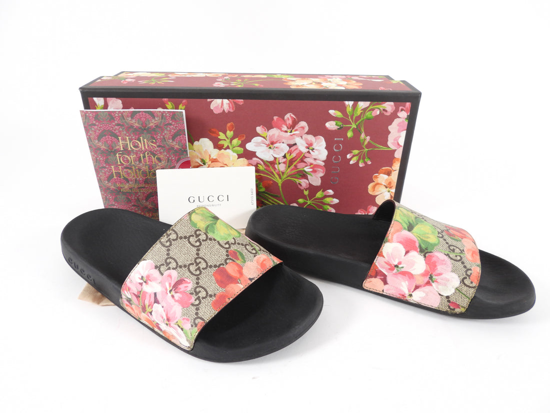 Gucci Blooms Pink Floral Monogram Pool Slide Sandals - 7
