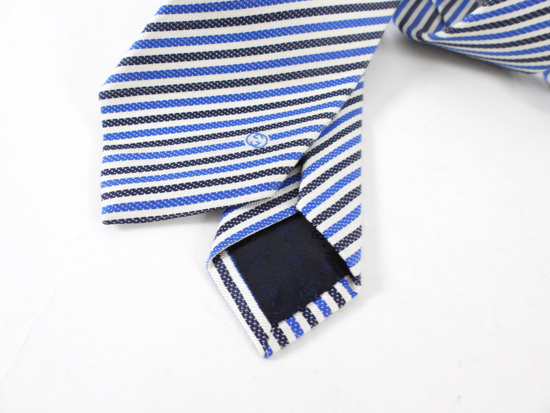 Gucci Blue Black White Stripe GG Jacquard Silk Neck Tie