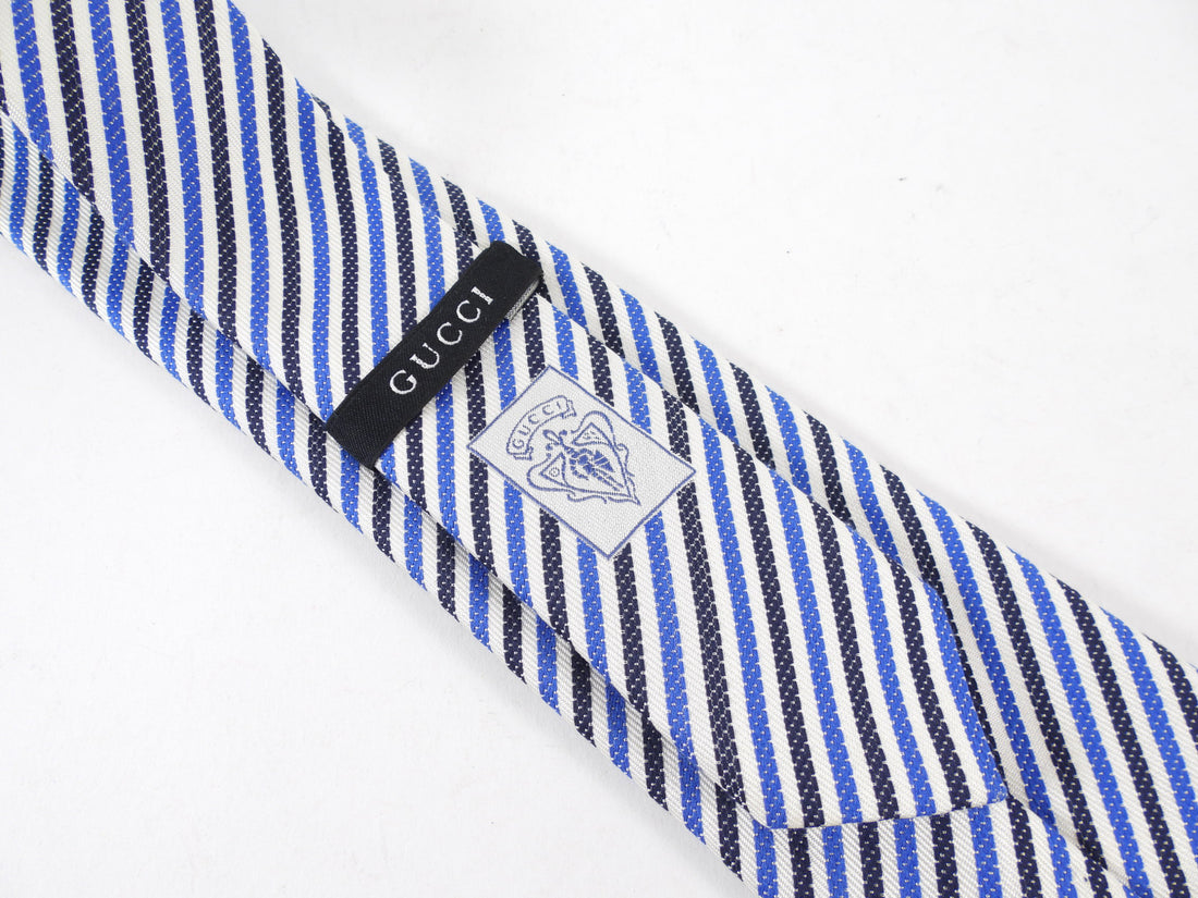 Gucci Blue Black White Stripe GG Jacquard Silk Neck Tie