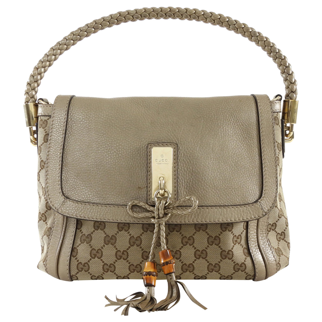Gucci GG Canvas Metallic Taupe Leather Bella Braided Hobo Bag