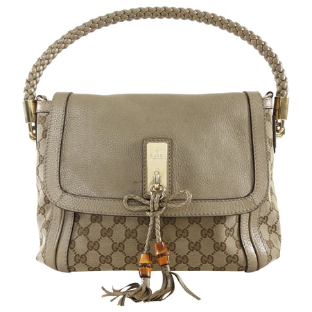 Gucci GG Canvas Metallic Taupe Leather Bella Braided Hobo Bag