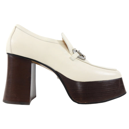 Gucci Ivory Leather Horsebit Platform Loafer Shoes - 40