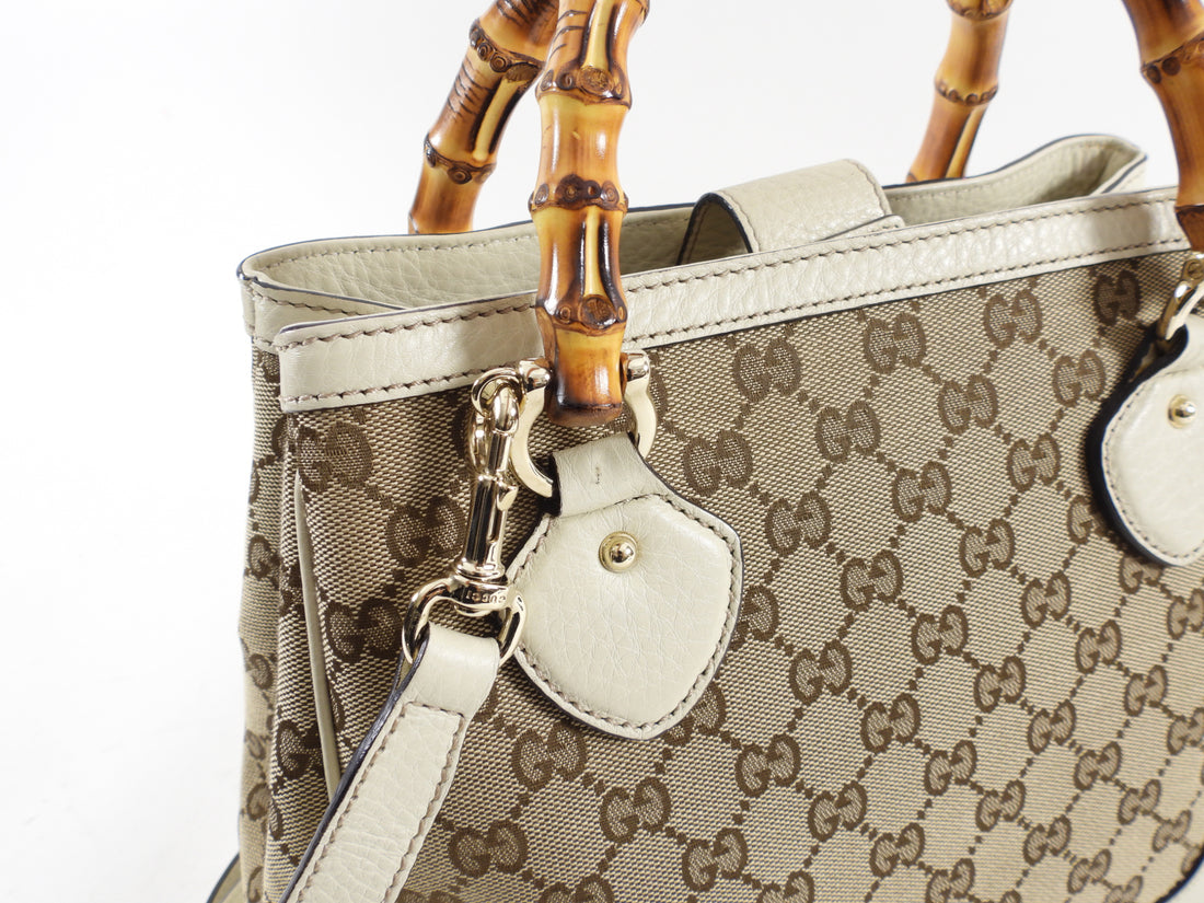 Gucci Ivory Leather Monogram Canvas Bamboo Diana Bag